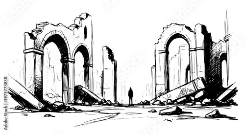 Ancient architectural ruins with stone arches and human figure in hand drawn ink sketch style