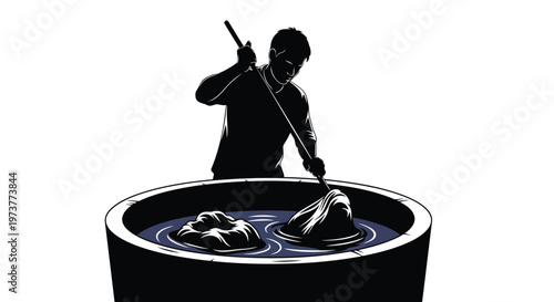 Person stirring large vat of liquid with wooden paddle in silhouette