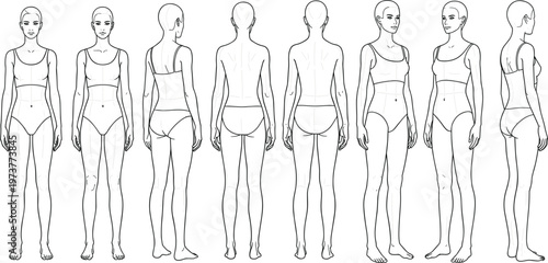 Professional female fashion croquis vector set featuring front back side and three quarter views for technical apparel design sketches garment development and tech packs.