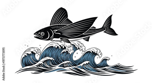 Flying fish jumping out of stylized ocean waves vector illustration
