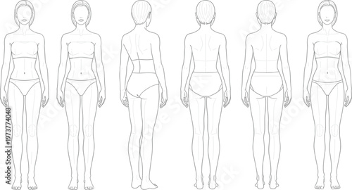 Professional female fashion croquis vector template featuring front back and side views for technical sketches apparel design illustrations and garment development tech packs.