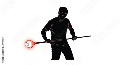 Glassblower shaping molten glass object at end of long iron blowpipe