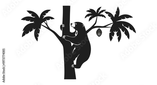 Sun bear climbing tree with beehive hanging from tropical branch