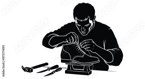 Skilled shoemaker repairing leather boot on wooden workbench in shop