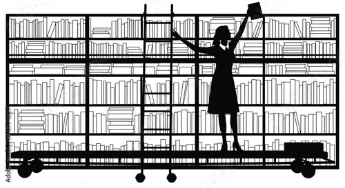 Woman librarian standing on tall sliding ladder in library aisle