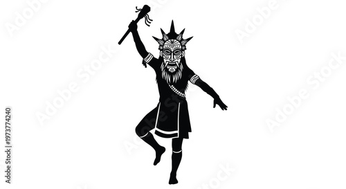Tribal warrior dancing in traditional mask and costume silhouette