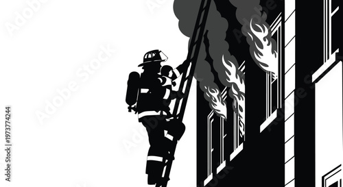 Brave firefighter climbing ladder to rescue victim from burning building
