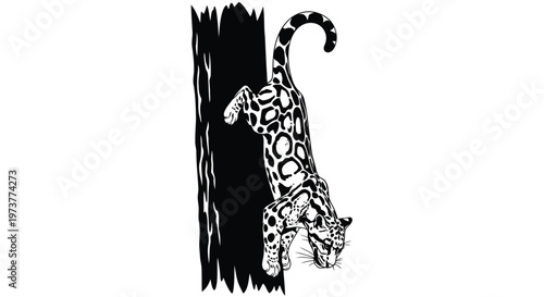 Majestic leopard climbing down tree trunk in detailed black silhouette