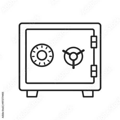 A simple black line drawing depicts a closed safe with a combination dial and handle