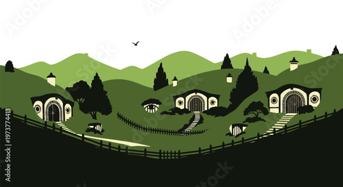 Stylized vector landscape of a quaint village with cozy hobbit houses