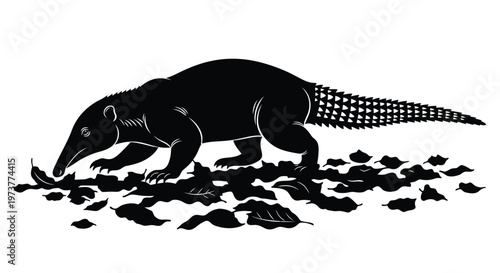 Black and white illustration of an anteater foraging in fallen leaves