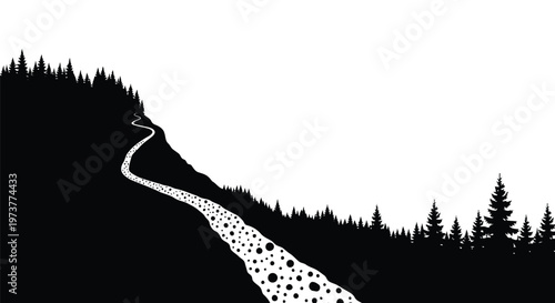 Vector silhouette of a winding path through a forest on a steep slope