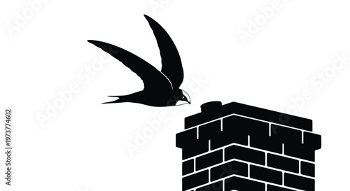 Swift swallow bird flying towards cozy chimney on top of brick house