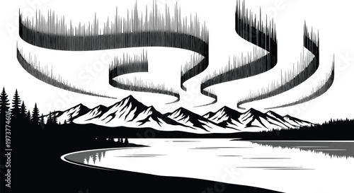 Stunning aurora borealis shining over mountain lake and pine forest trees