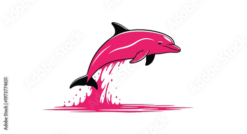 Playful pink dolphin jumping out of water with splash in ocean waves