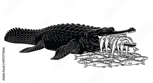 Large gharial crocodile eating many fish in river water environment