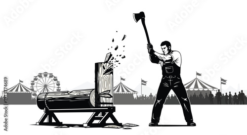 Professional lumberjack chopping wooden log at festival fair competition