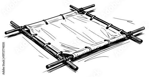 Fotografie Emergency makeshift stretcher made of wooden poles and canvas in hand drawn sket