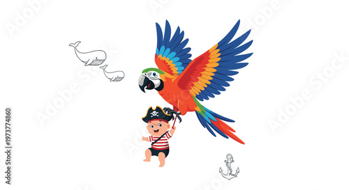 Brave little pirate boy wearing a captain hat and striped shirt being carried through the air by a colorful macaw bird.