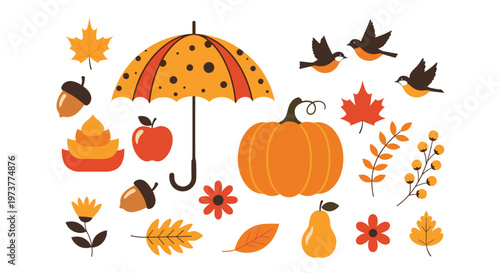 Collection of cozy autumn themed illustrations including a polka dot umbrella pumpkin birds and colorful fall leaves.
