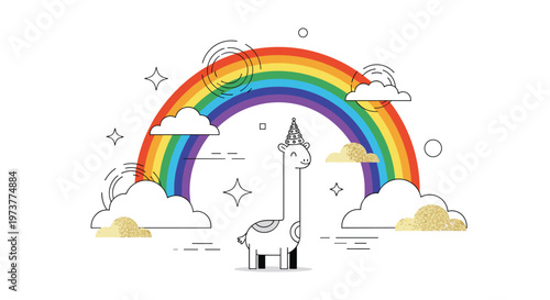 Cute outline illustration of a giraffe wearing a party hat standing under a bright colorful rainbow with clouds.