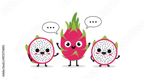 Group of cheerful dragon fruit characters with smiling faces and speech bubbles for exotic fruit and healthy eating.