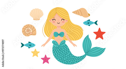 Beautiful mermaid with long blonde hair swimming among sea shells colorful fish and starfish in an underwater world.