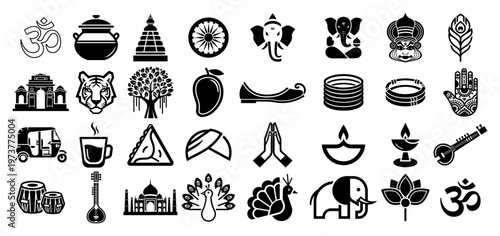 Indian culture and tradition icons set featuring religious and national symbols in black flat style