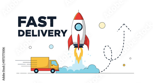 Modern fast delivery service illustration with a rocket ship launching next to a yellow cargo truck to represent speed and efficiency.
