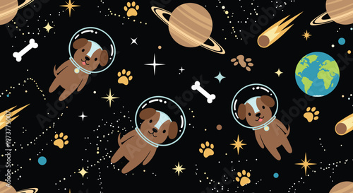 Playful space dogs seamless pattern with cute puppy astronauts floating among planets and stars in a dark starry galaxy background.