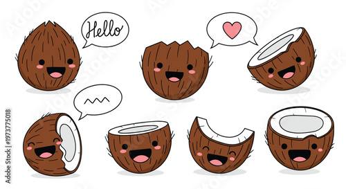 Set of adorable kawaii coconut characters with happy smiling faces and speech bubbles including whole and halved tropical fruit pieces.