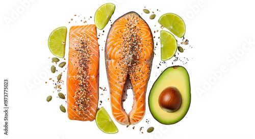 Salmon fillets with lime slices, avocado, and spices isolated on transparent background isolated and transparent background