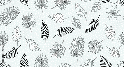 Tropical leaf seamless pattern featuring black and white line art drawings of various palm and jungle leaves on a dotted blue background.