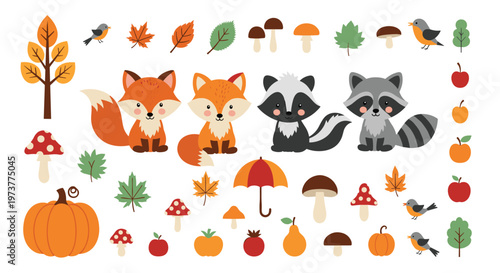 Comprehensive autumn forest animal set with foxes and raccoons among seasonal elements like pumpkins and mushrooms and fall leaves.