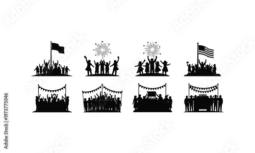 Celebratory gatherings and patriotic events depicted through silhouettes