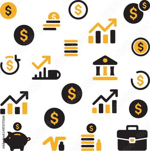 Financial Management Icon Set with Currency Symbols and Growth Charts