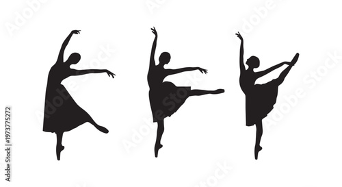 Elegant black silhouettes of ballet dancers in dynamic poses on a stark white background