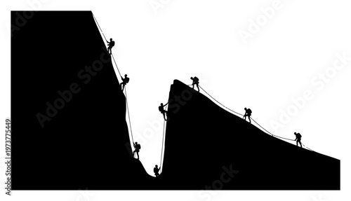 Fotografie Mountain climbers scaling steep rock cliffs in high contrast silhouette style