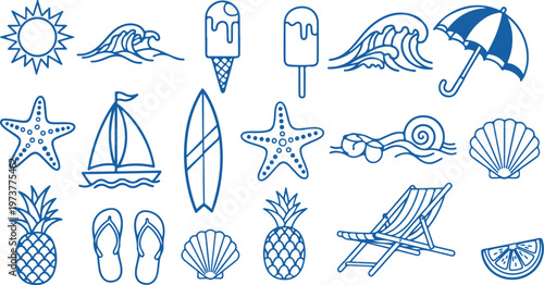 Summer icons, beach symbols, tropical signs, blue vector graphics isolated on Transparent Background