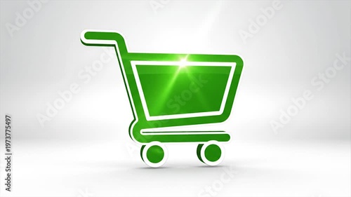3D green shopping cart icon on white background for e-commerce and retail design