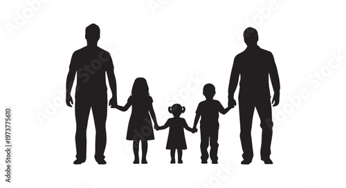 A silhouette family standing together in a line against a plain background with varying heights and postures