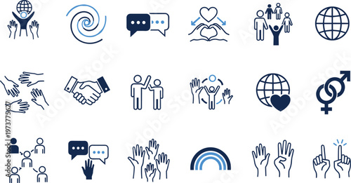 Community support and teamwork outline icon set diversity communication unity charity global connection social collaboration vector illustration collection
