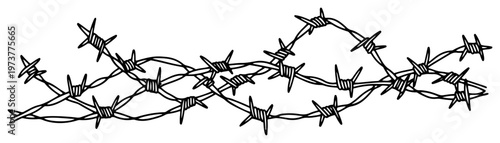 Fotografia Barbed wire fence with sharp spikes in hand drawn sketch style