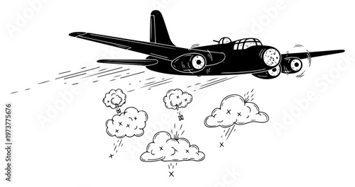 Tableau sur toile Military bomber airplane flying through anti aircraft explosions in hand drawn s
