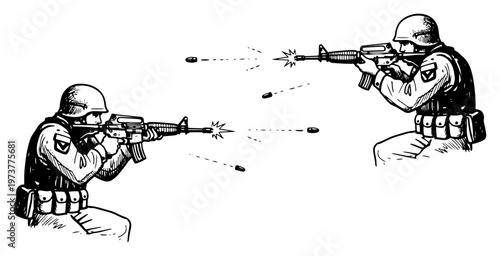 Quadro su tela Military soldiers aiming and firing assault rifles in hand drawn sketch style