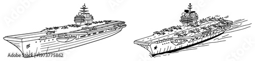 Foto Aircraft carrier naval warships at sea in hand drawn military sketch style