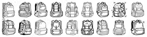 Backpack icons set featuring various bag styles for education and outdoors in hand drawn sketch style