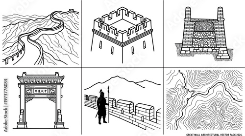 A monochrome line art grid illustrates the great wall of china's architecture, featuring watchtowers, gates, and a soldier, capturing ancient chinese history.