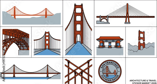 A grid of iconic san francisco bridges, including the golden gate bridge, depicted in various flat design vector illustrations with red and gray colors.
