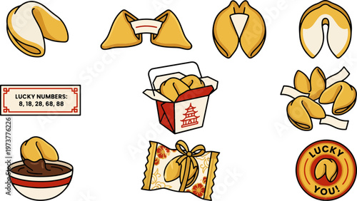 A vibrant cartoon vector illustration displays an assortment of fortune cookies, some open with fortunes and one dipped in chocolate, isolated on white.